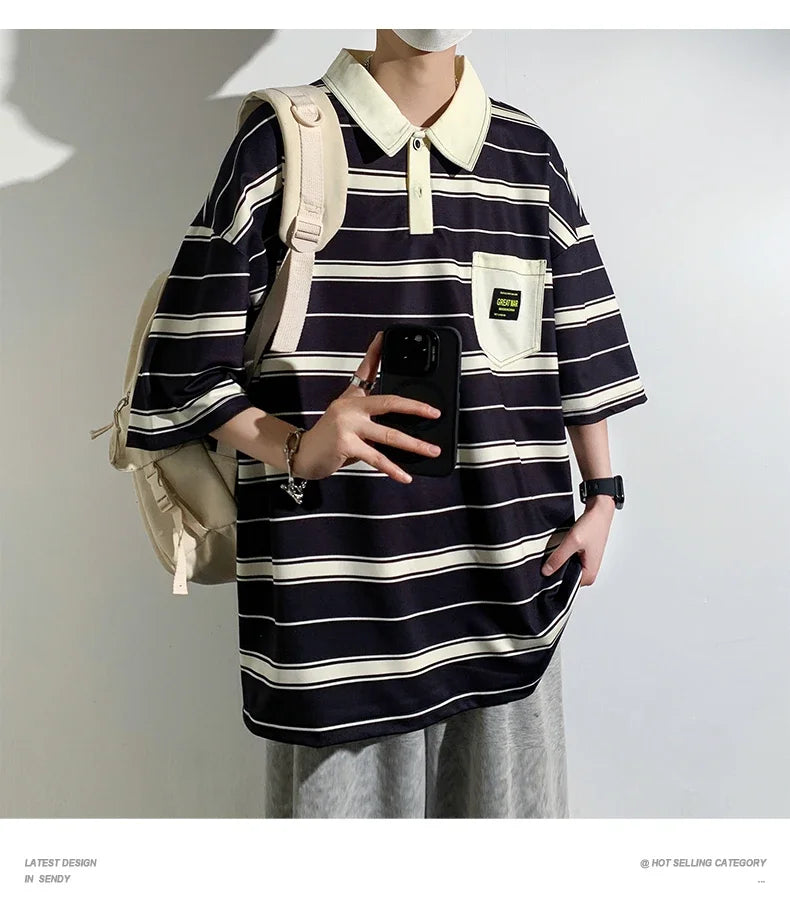 Men's Striped Polo Shirt — Loose Fit Short Sleeve Casual Summer Top