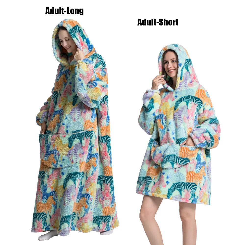 Oversized Wearable Blanket Hoodie – Plush Fleece with Sleeves, Hood & Pocket, 40 Designs