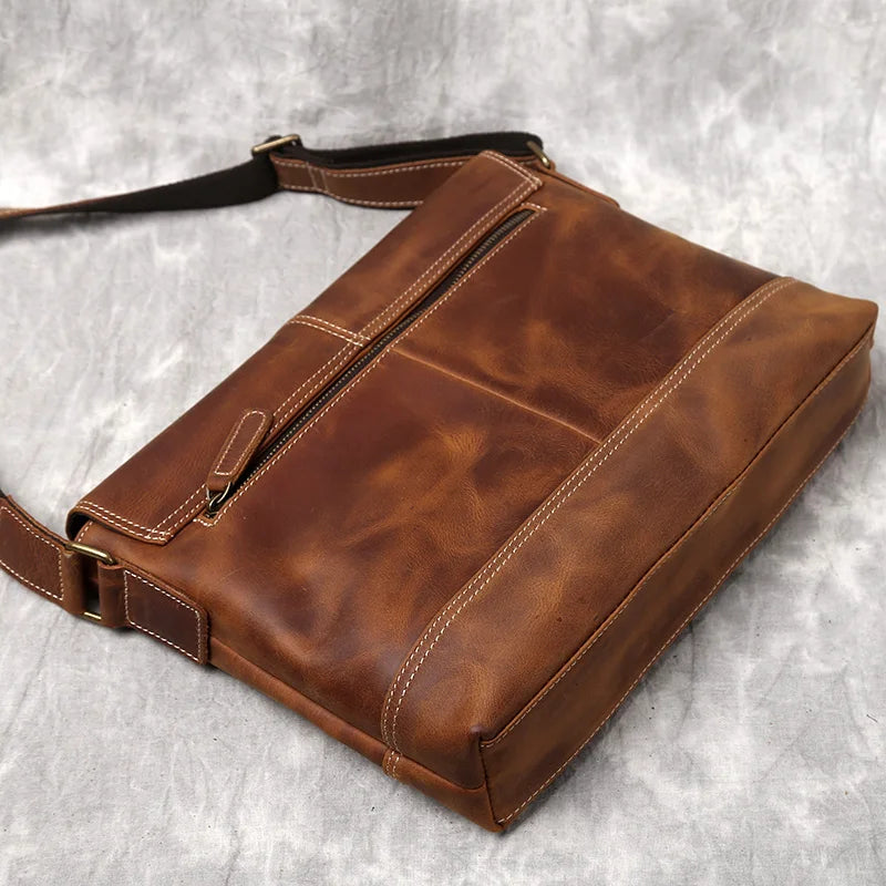 NZPJ New Leather Men's Shoulder Bag Retro Top Layer Cowhide A4 File Men's Bag Brown Handmade Crazy Horse Leather Messenger Bag