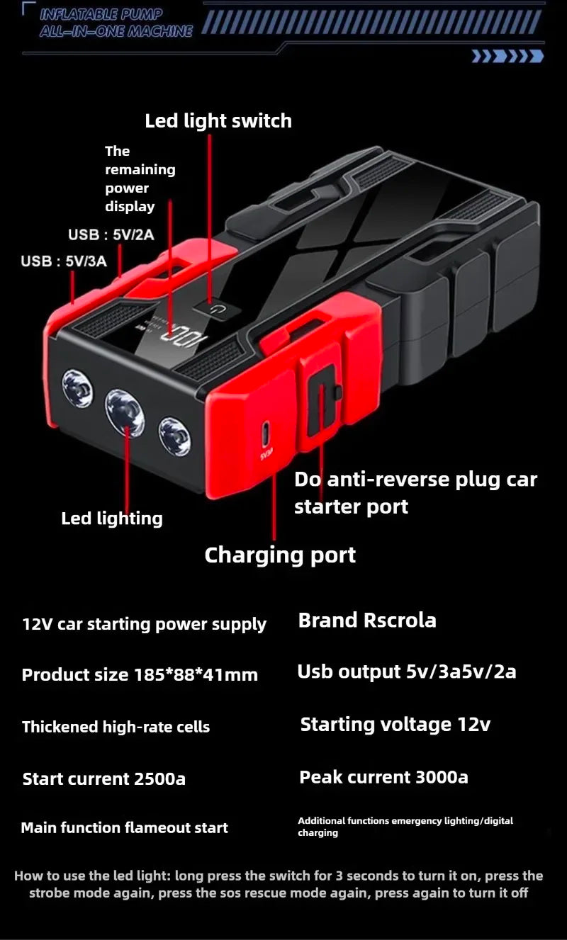 Rscrola jump starter with labeled features on a black background