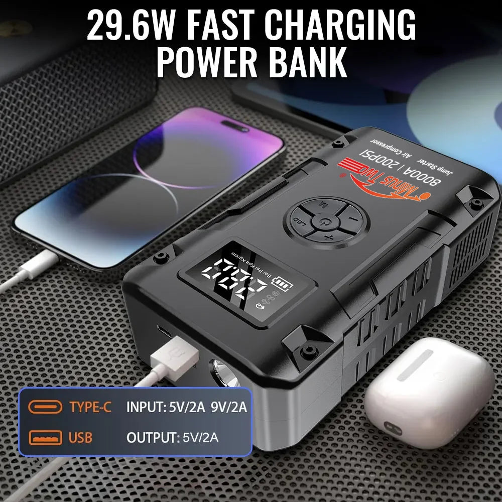 8000A Peak Car Jump Starter – All-in-One Power Bank, LED Flashlight & Emergency Booster for SUV & Truck