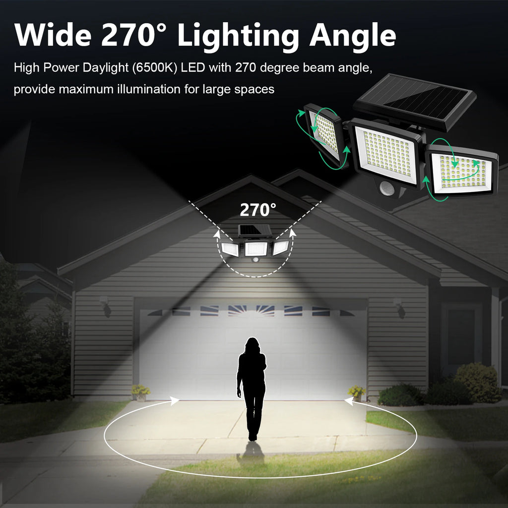 3-Head Solar Outdoor Security Light — Motion Sensor, Wireless Remote, Dimmable LED (1–5 Pack)