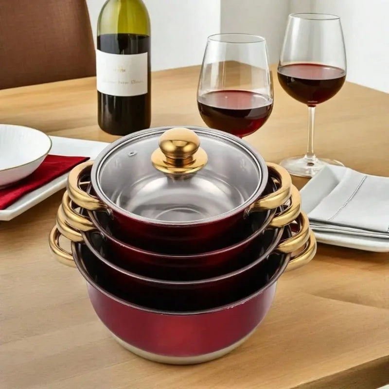 Nonstick Cookware Set – Wine Red with Gold Handles