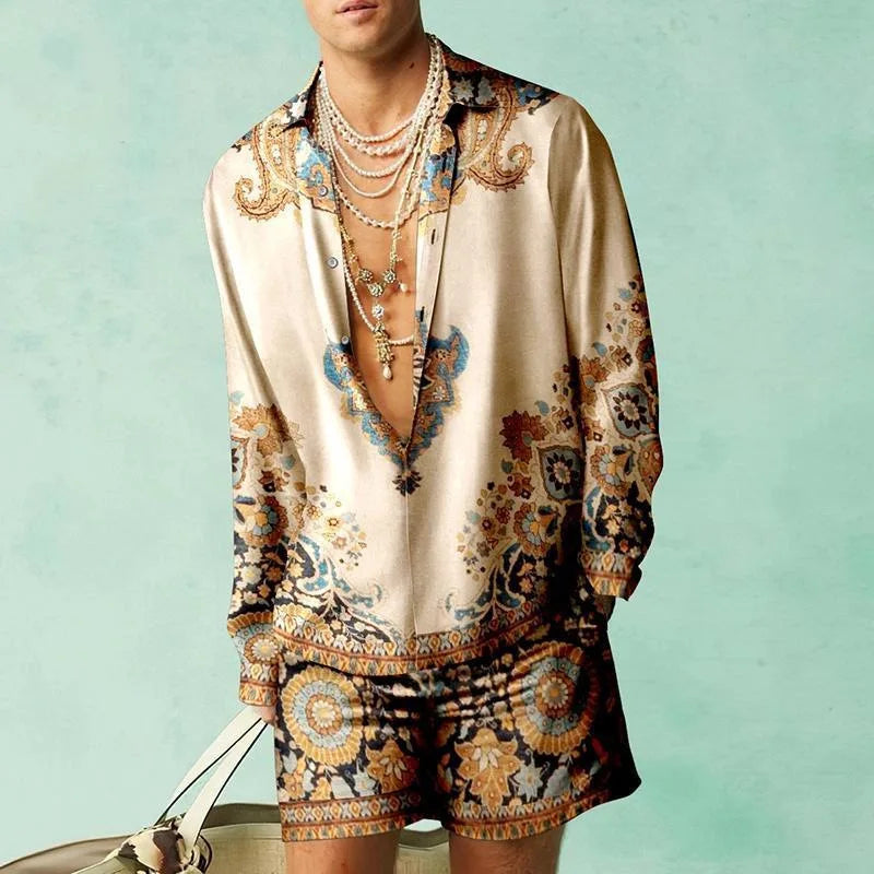 Men's Hawaiian Print Shirt & Drawstring Shorts Beach Vacation Set
