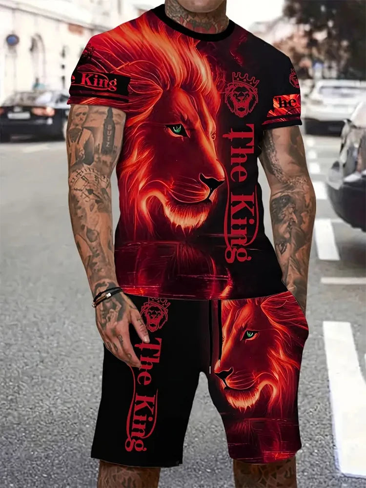 Men's Lion King 3D Print T-Shirt & Drawstring Shorts Set – Casual Outdoor Camping 2-Piece