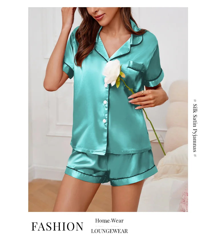 Women's Satin Button Down Pajama Set | 2-Piece Silk Sleepwear Top & Shorts