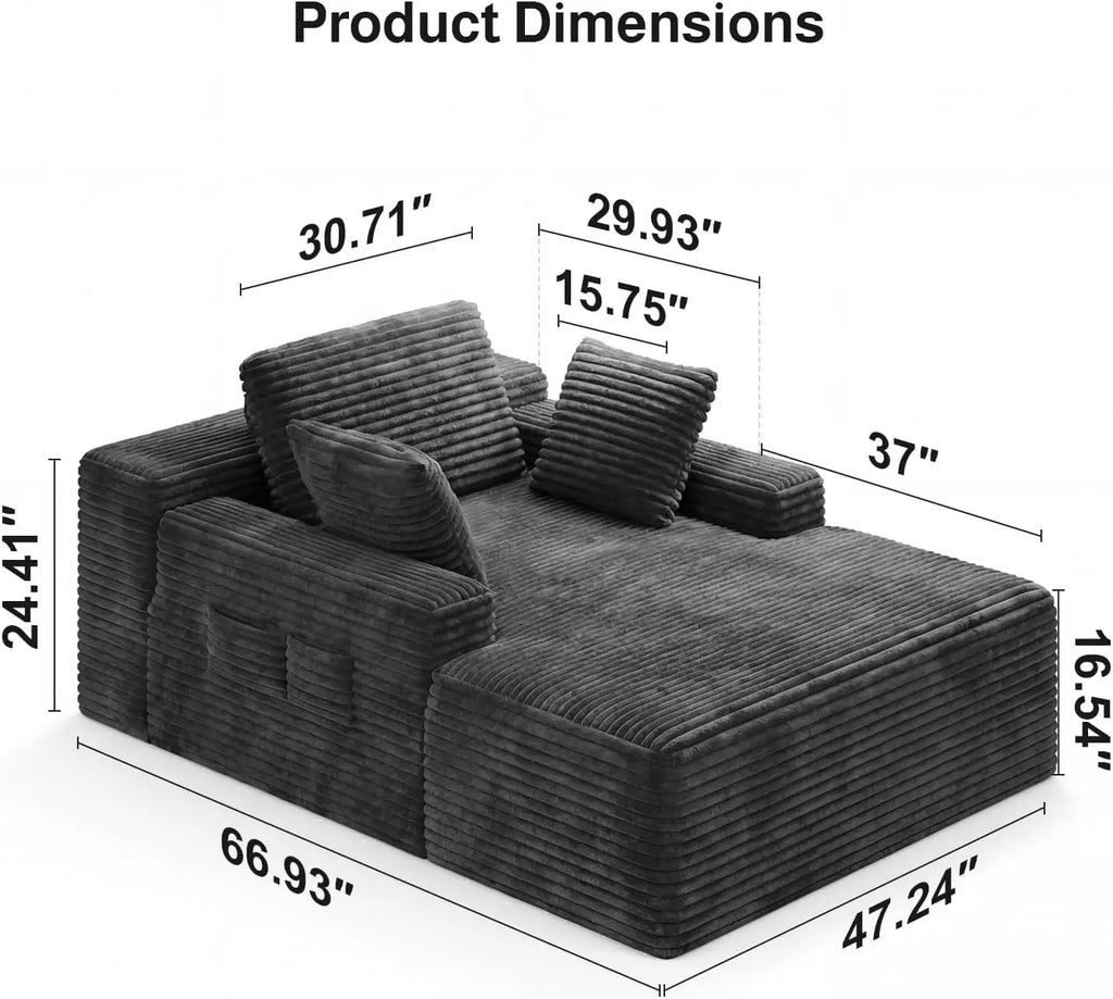67-Inch Gray Corduroy Chaise Lounge with 3 Pillows