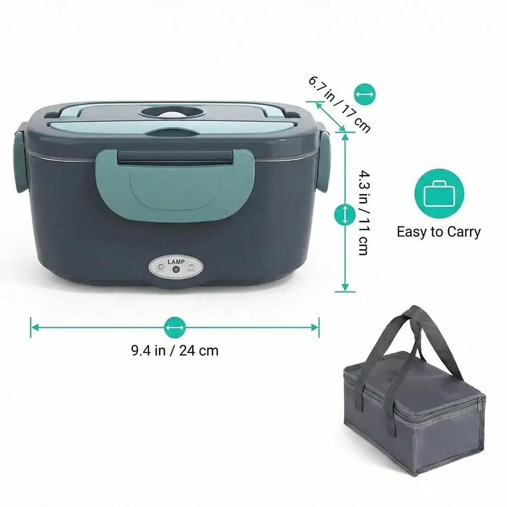 Gray and green electric lunch box with dimensions and carrying bag on a white background