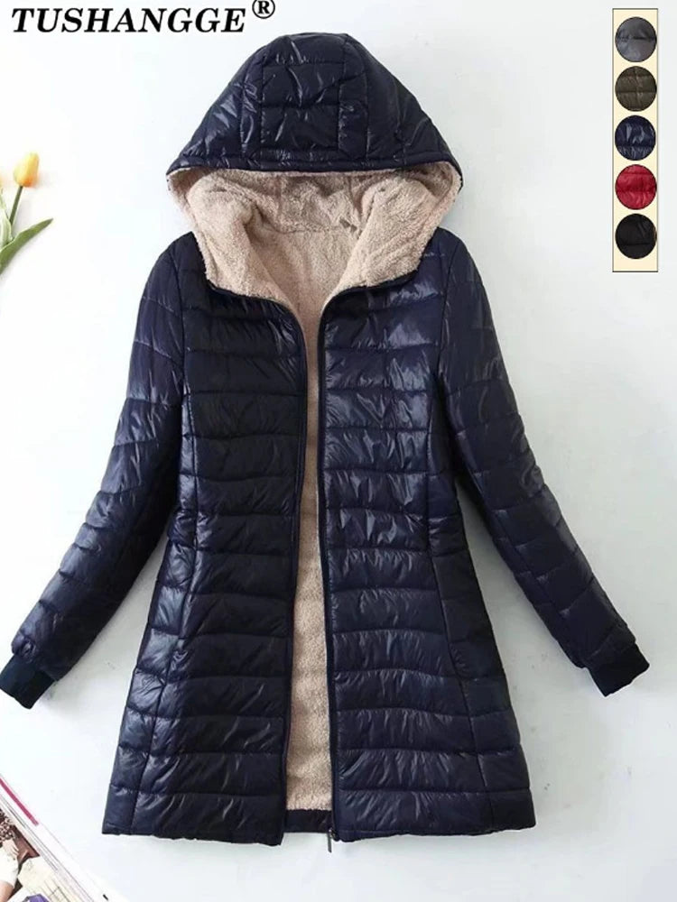 Korean Edition Hooded Women's Fleece Jacket – Mid-Length Warm Parka Coat