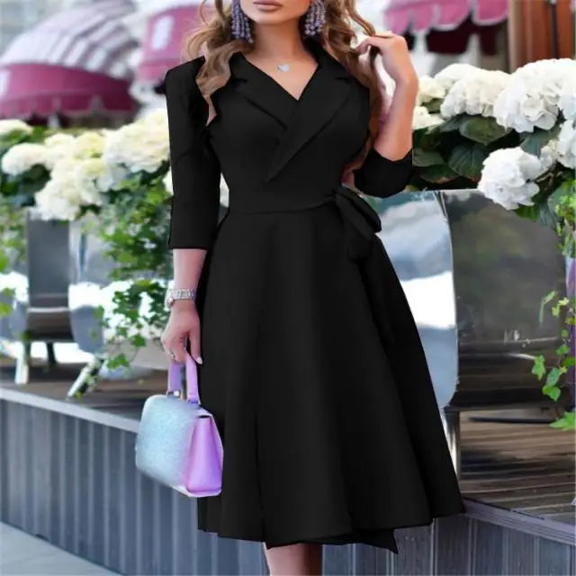 Women's Floral Printed Dress Turn-down Collar Ladies Fashion Elegant  Midi Dresses Vestidos Femenino Платье Женское Вечернее