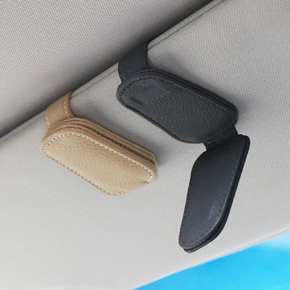 Universal Car Sunglasses Holder | Magnetic Leather Sun Visor Glasses Clip & Card Holder