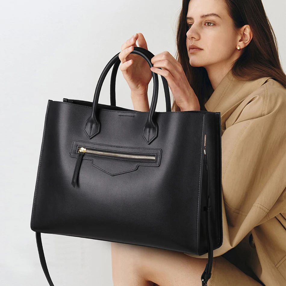 Luxury Cowhide Leather Tote Bag – Large Capacity Shoulder Bag with Laptop Compartment for Women