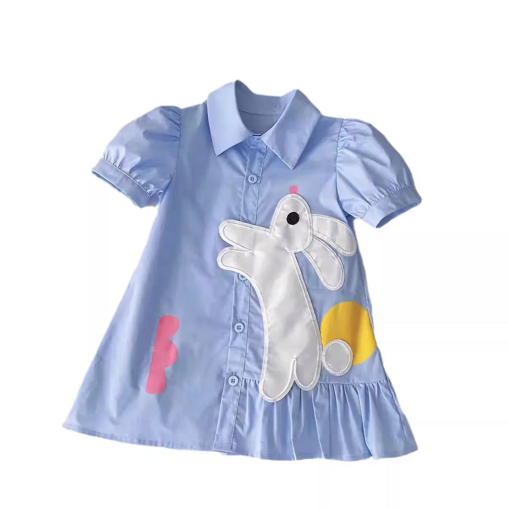 Rabbit Cartoon Shirt Dress for Girls — Short Sleeve Blue Casual Dress