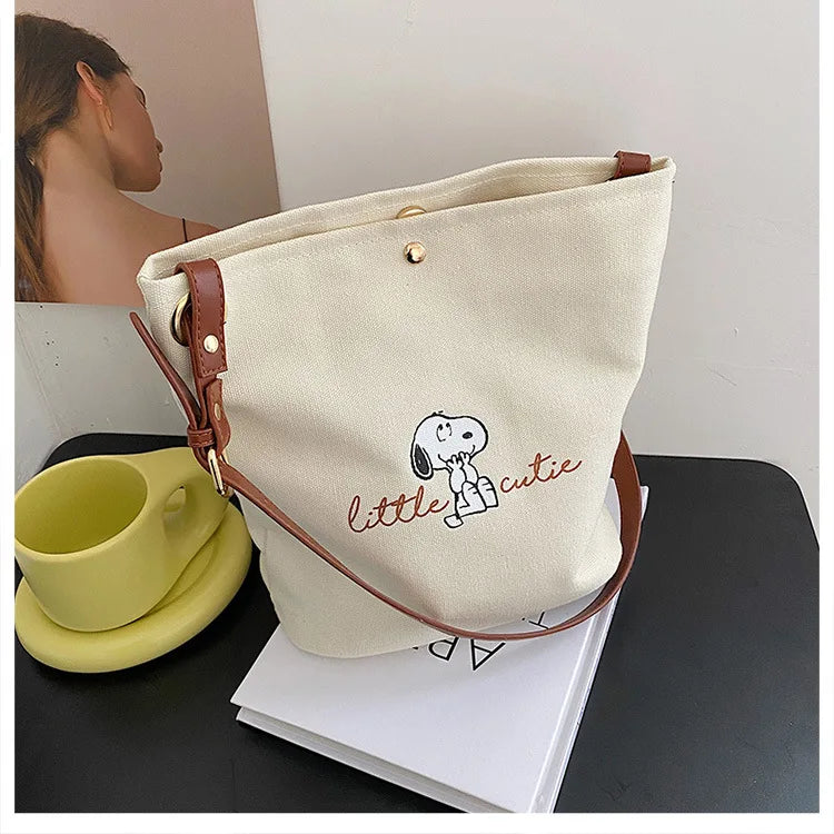 Snoopy Canvas Bucket Bag – Cute Letter Print Crossbody Shoulder Bag for Women