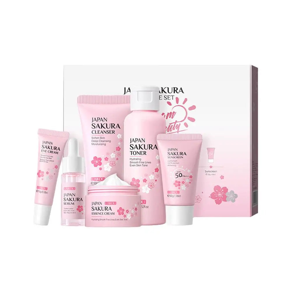 LAIKOU Sakura 6-Piece Skincare Gift Set – Full Routine with Cleanser, Toner, Serum, Eye Cream, Cream & Sunscreen