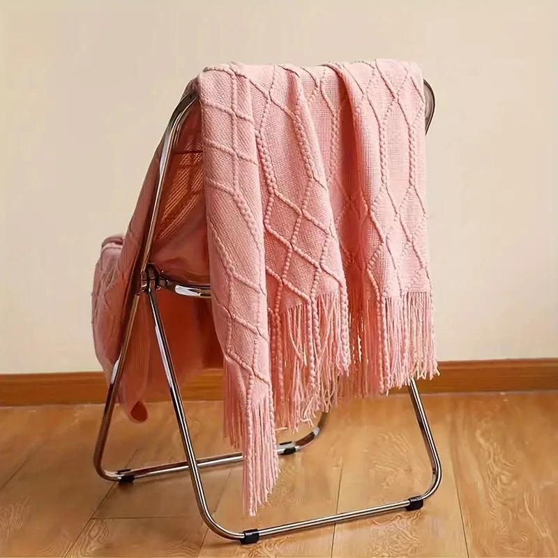 Knitted Acrylic Throw Blanket with Tassels – Chunky Farmhouse Style, 28 Colors & 2 Sizes