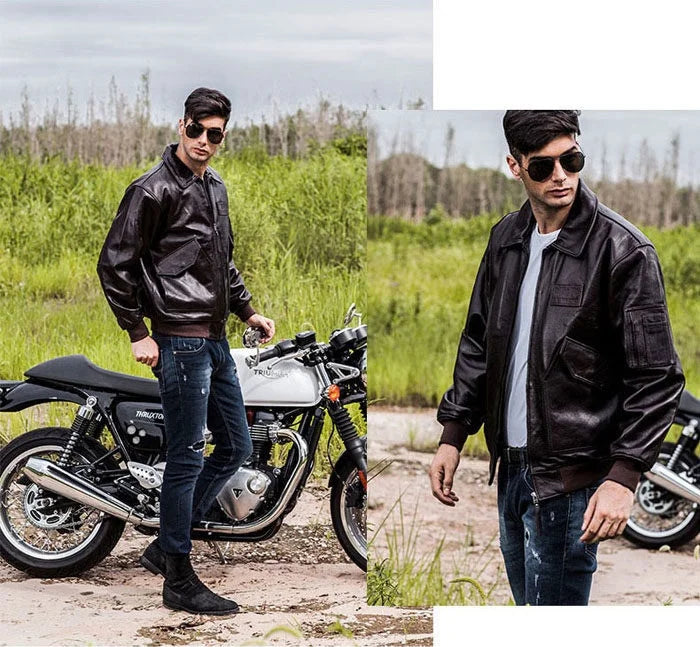 Men's Black Glossy Genuine Cowhide MA-1 Flight Jacket — Military Bomber with Point Collar