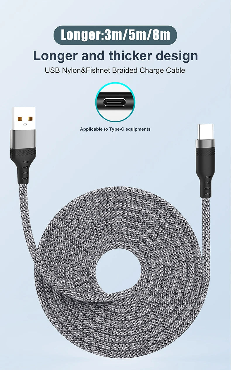 Charge Faster. Reach Further. — USB-A to USB-C 6A Super Fast Charging Braided Cable | 1m, 1.5m, 2m, 3m, 5m & 8m, CE Certified