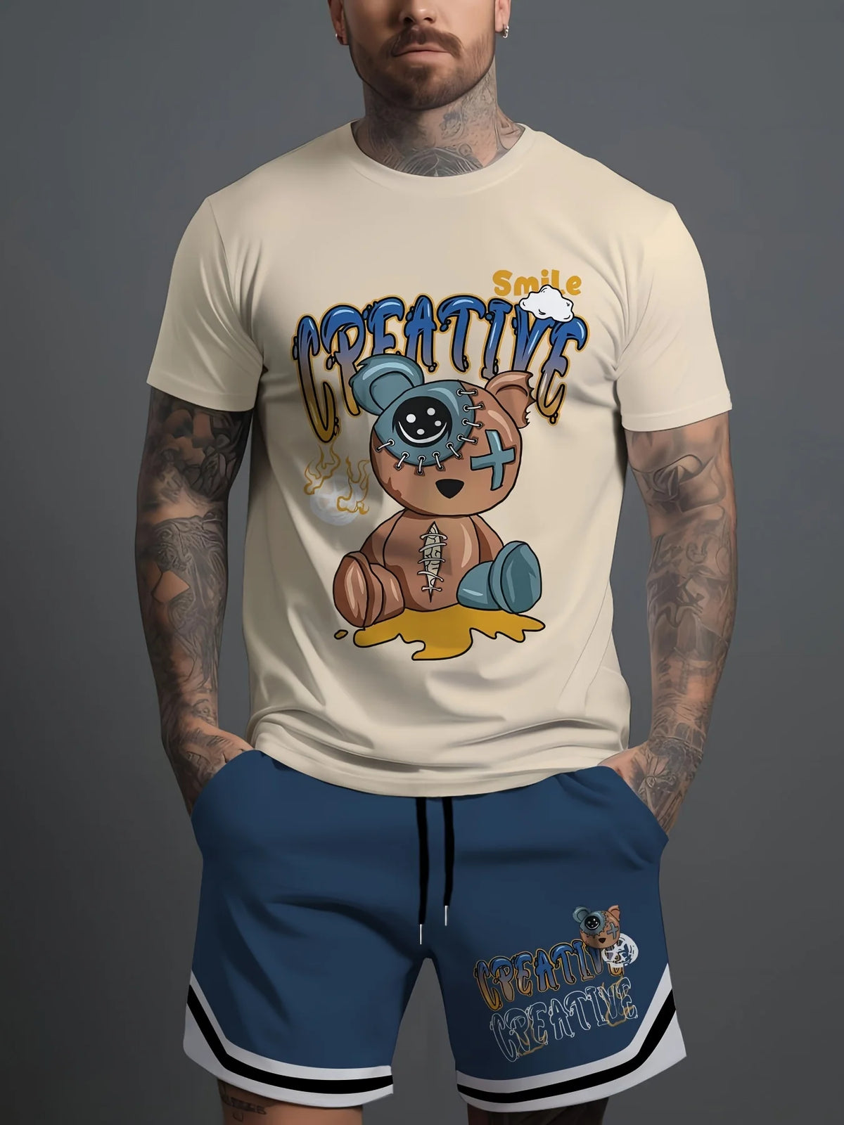 Men's Hip-Hop Bear Print Short Sleeve Sports Set – Quick-Dry 2-Piece Streetwear