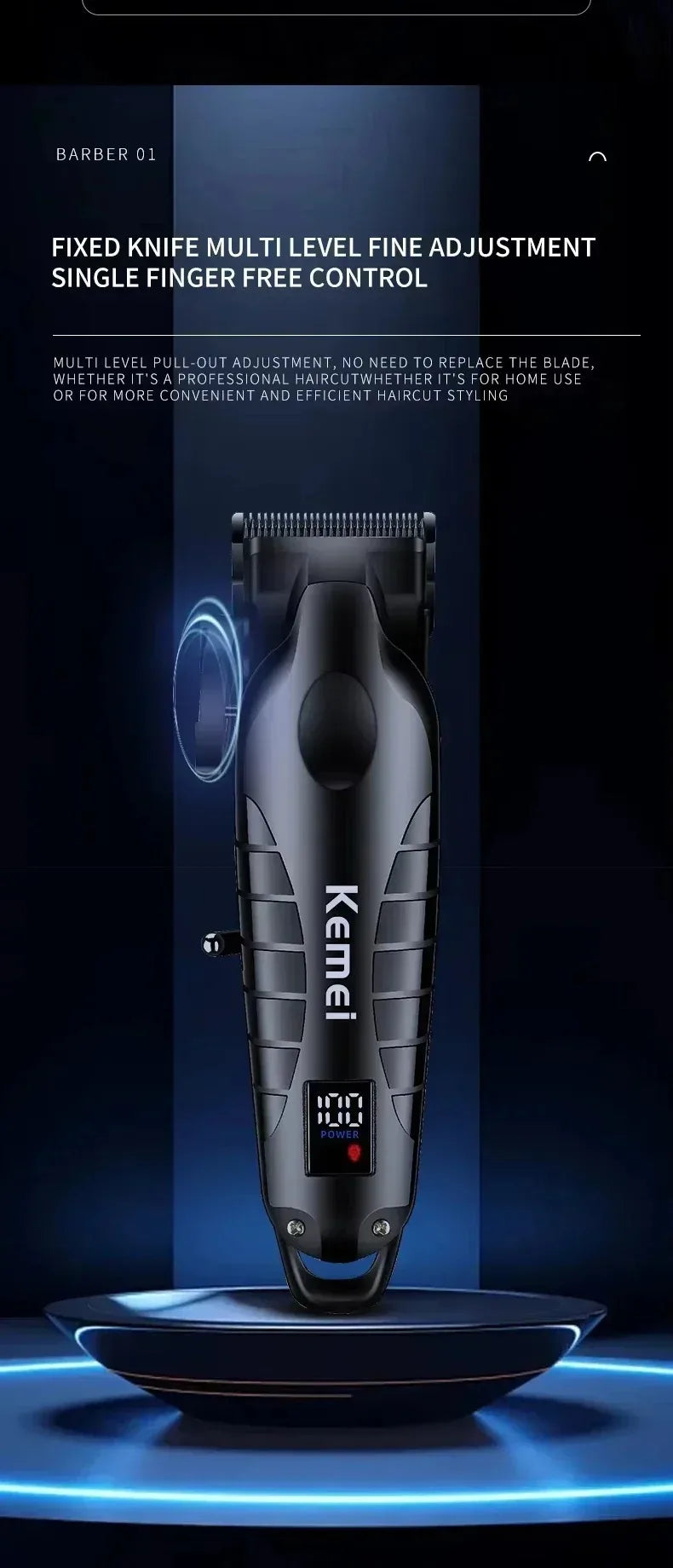 Kemei Professional Hair Clipper & Beard Trimmer – LCD Display, Wet/Dry, USB Fast Charge