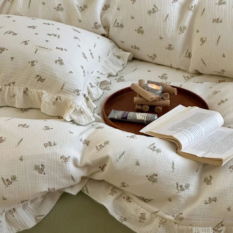 Princess Ruffle Bedding Set – 100% Cotton Gauze Duvet Cover with Pillowcases, Floral, 3-Piece