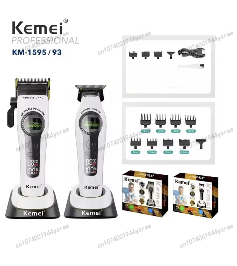 Kemei KM-1593 / KM-1595 Brushless Hair Clipper – DLC Blade, 8000 RPM, 200-Min Runtime, USB-C