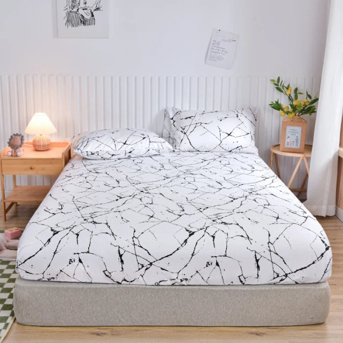 Marble Print Fitted Bed Sheet – Elastic Band, Single to King, All-Around Bed Cover