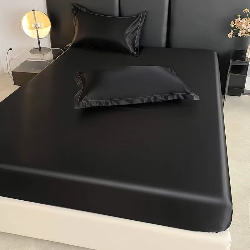 Satin Ice Silk Elastic Fitted Sheet – Solid Color Mattress Cover, No Pillowcase