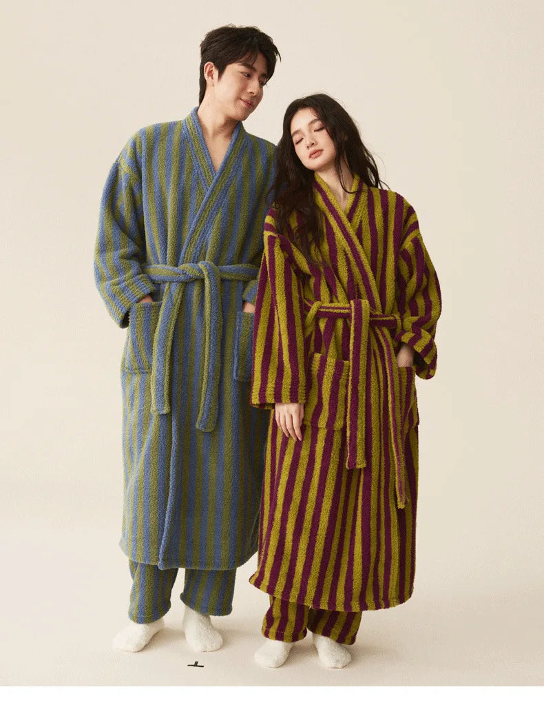 Women's Coral Velvet Striped Fleece Robe | Thick Plush Dressing Gown Loungewear