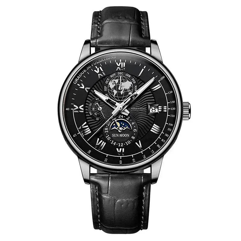 Men's Moon Phase Chronograph Quartz Watch | Luminous Leather Strap Luxury Sport Wristwatch