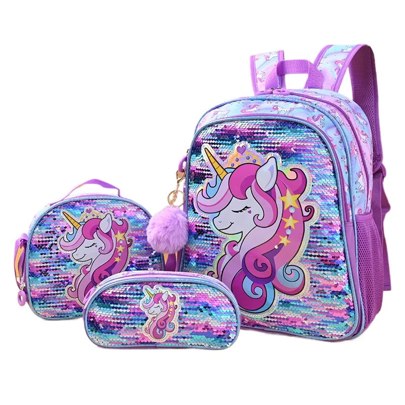 Unicorn Backpack Set – Purple Three-Piece School Bags