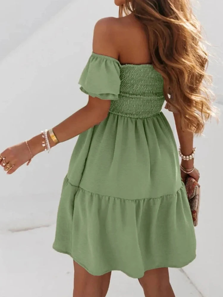 Off Shoulder Puff Sleeve Short Dress — Sexy Fashion Summer Mini Dress