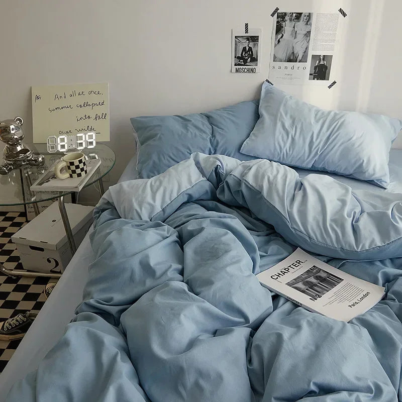 Solid Color Washed Cotton Bedding Set – 4-Piece Duvet Cover, Bed Sheet & Pillowcases, Twin to King
