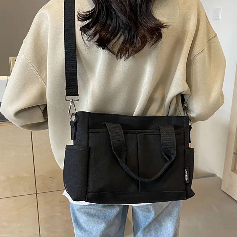 Multi-Pocket Canvas Tote Shoulder Bag – Large Capacity Commuter Shopping Handbag for Women