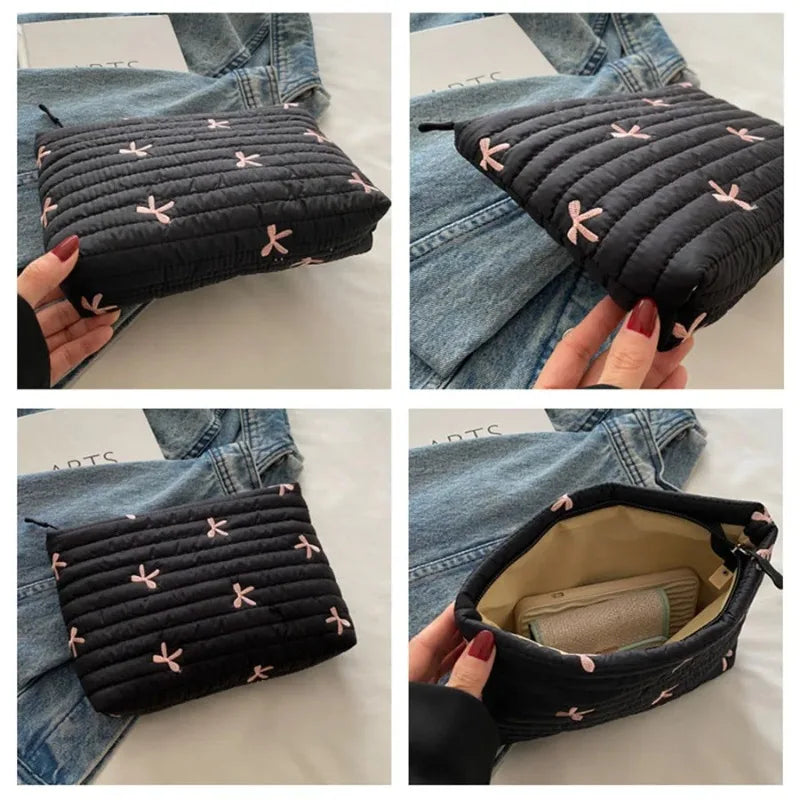 Cute Embroidery Bow Makeup Bag – Large Capacity Zipper Cosmetic & Wash Storage Bag