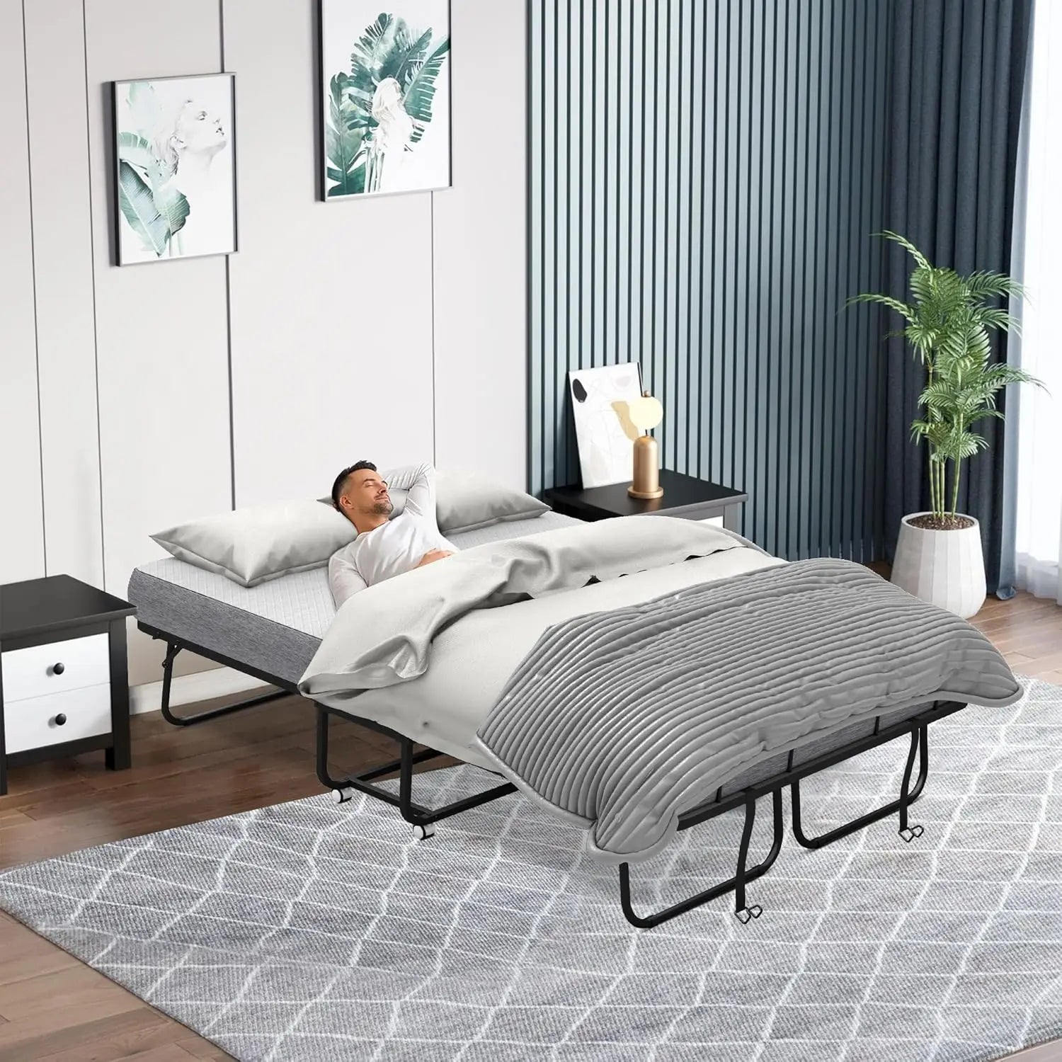 Full Size Folding Rollaway Guest Bed with Mattress – 75"x54", Space-Saving Fold-Up Design