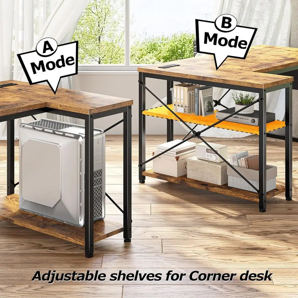 Brown Corner L-Shaped Computer Desk with Power Outlets and Reversible Storage, Ideal for Small Home Office Spaces Customized