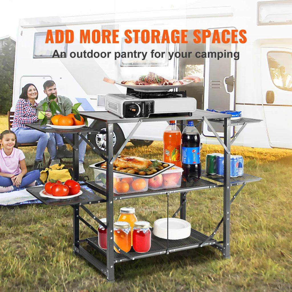 SucceBuy Folding Camping Kitchen Table — Portable Aluminum Cook Station for Outdoor BBQ & Picnics