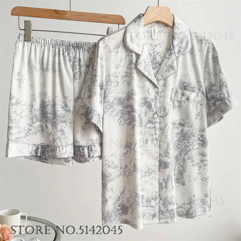 Women's Floral Print Satin 2-Piece Pajama Set | Loose Lounge Wear Homewear Suit