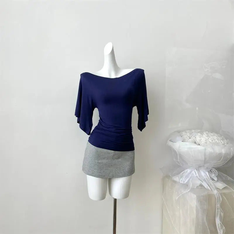 Women's Slash Neck Flare Sleeve Slim Pleated T-Shirt – Sexy Solid Color Pullover Top