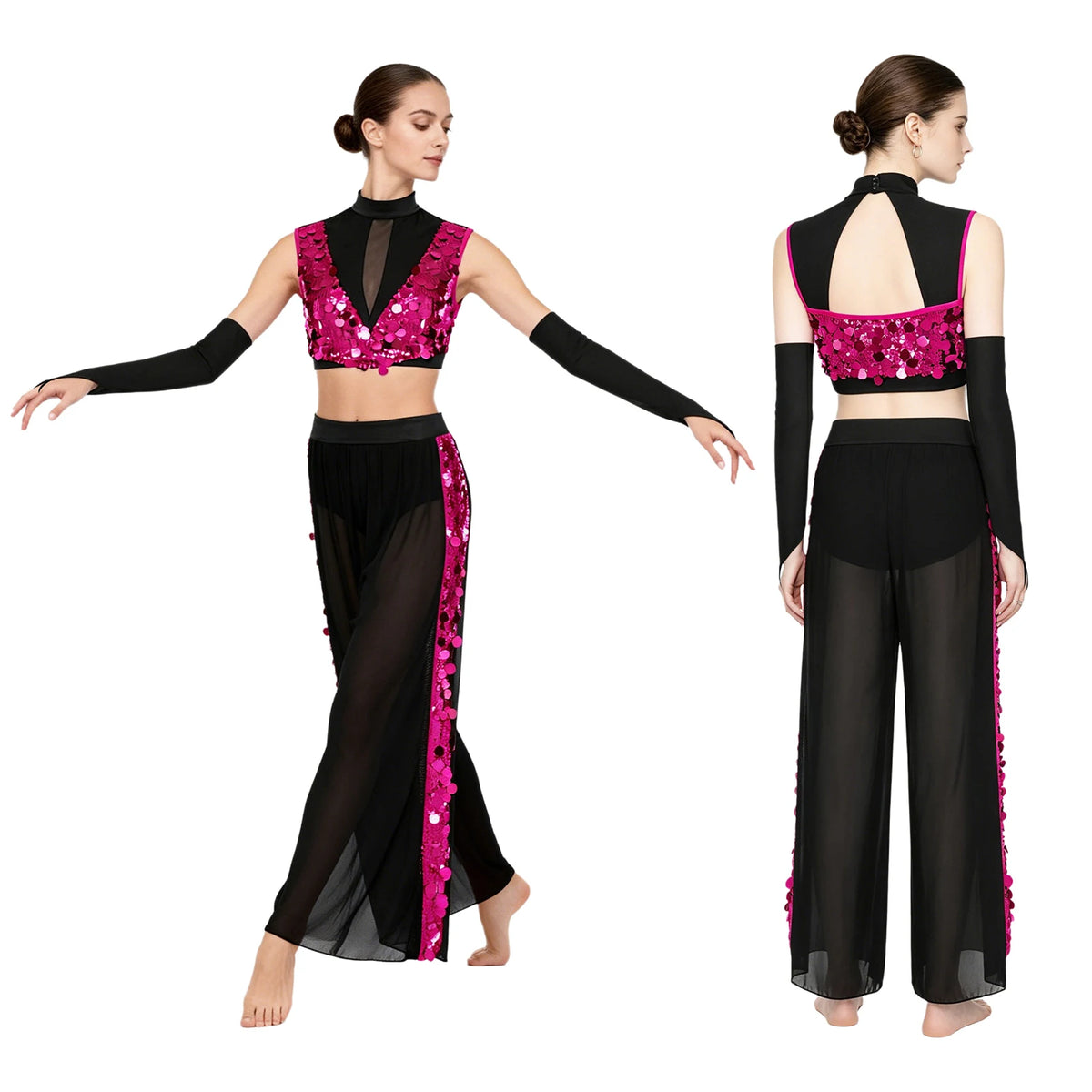 Women's Dance Performance Costume – Shiny Crop Top & Sheer Pants for Skating, Gymnastics & Ballet
