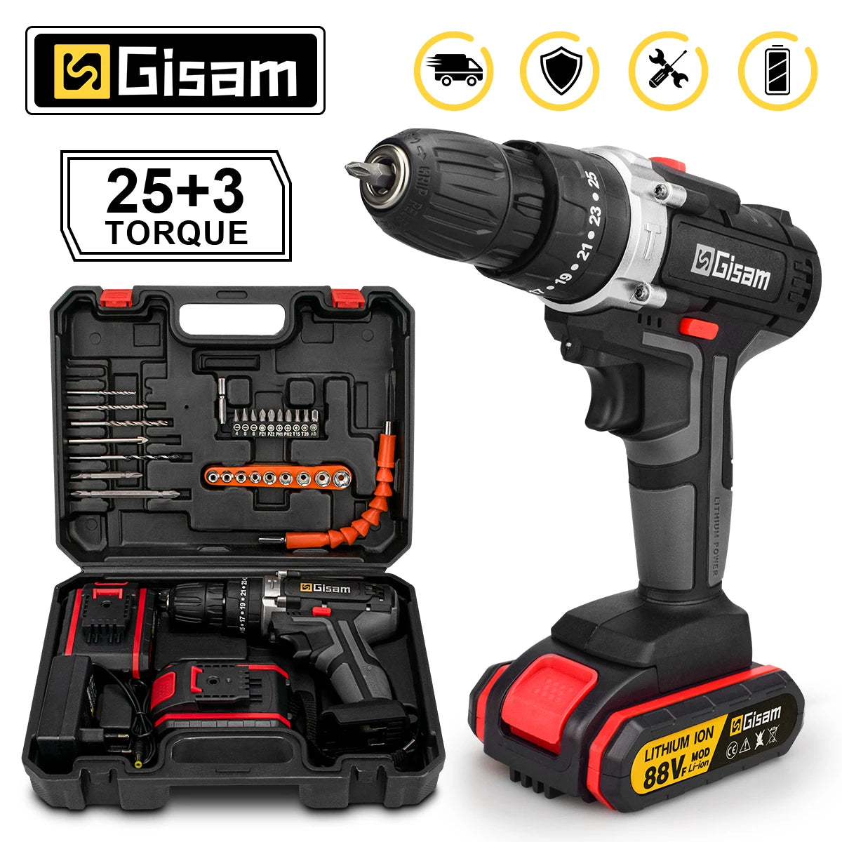 21V Cordless Impact Drill — 25+3 Torque Settings, LED Light & Drill Bits Set Included