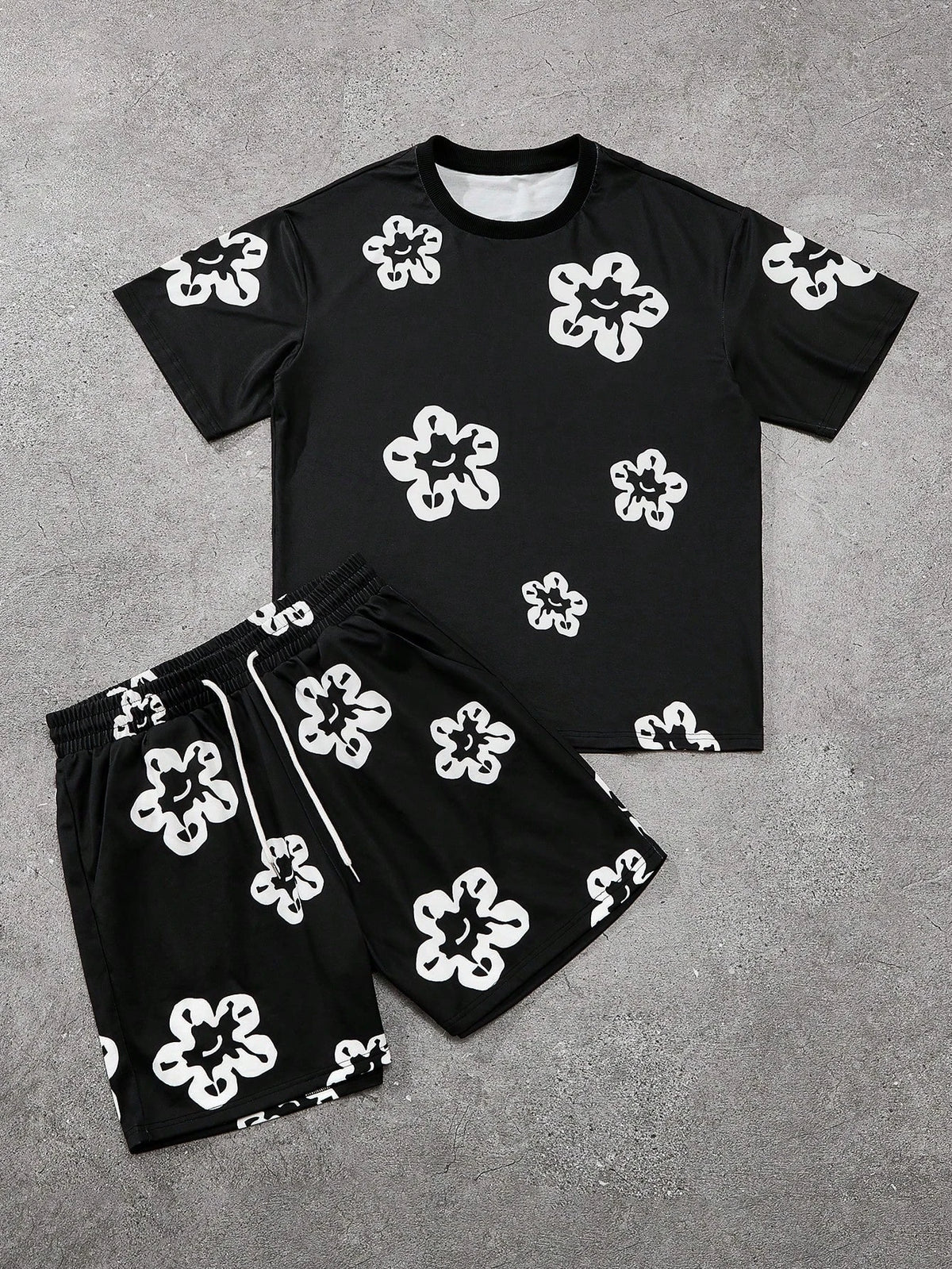 Men's Flower Graphic Print T-Shirt & Elastic Waist Shorts Casual Two-Piece Set