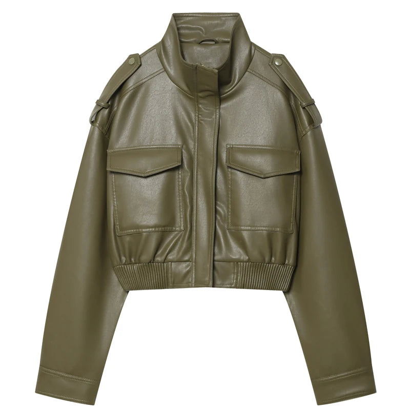 Women's Green Faux Leather Jacket – Zip-Front Streetwear