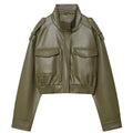 Women's Green Faux Leather Jacket – Zip-Front Streetwear