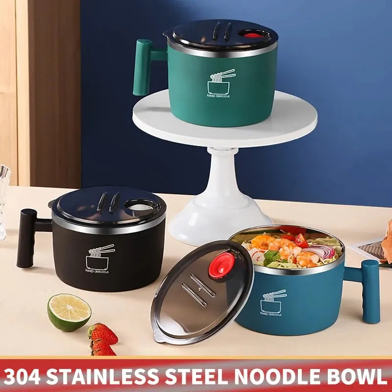 Stainless Steel Noodle Bowl with Lid — Sealed Portable Draining Bowl for Kitchen Use