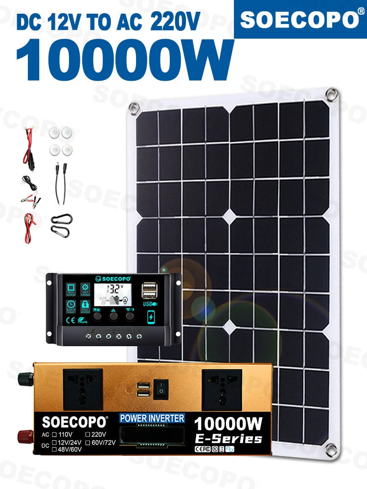 Off-Grid Solar Kit – 10000W Inverter, 500W Solar Panels, 100A Controller, DC 12V/24V to AC 110V/220V