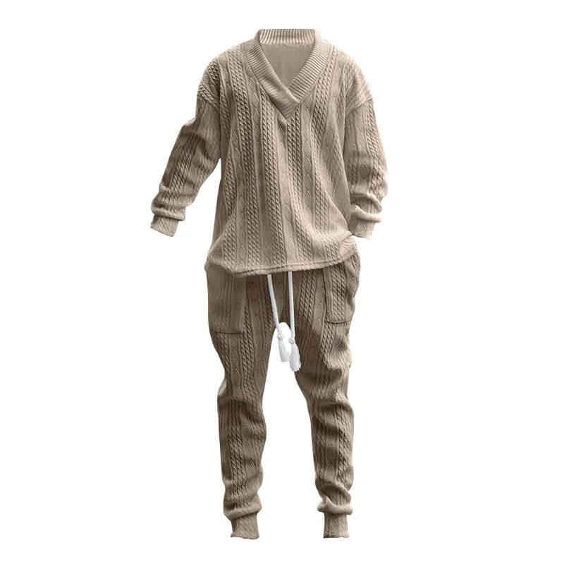 Men's Jacquard Knit Sweater & Casual Trousers Two-Piece Set