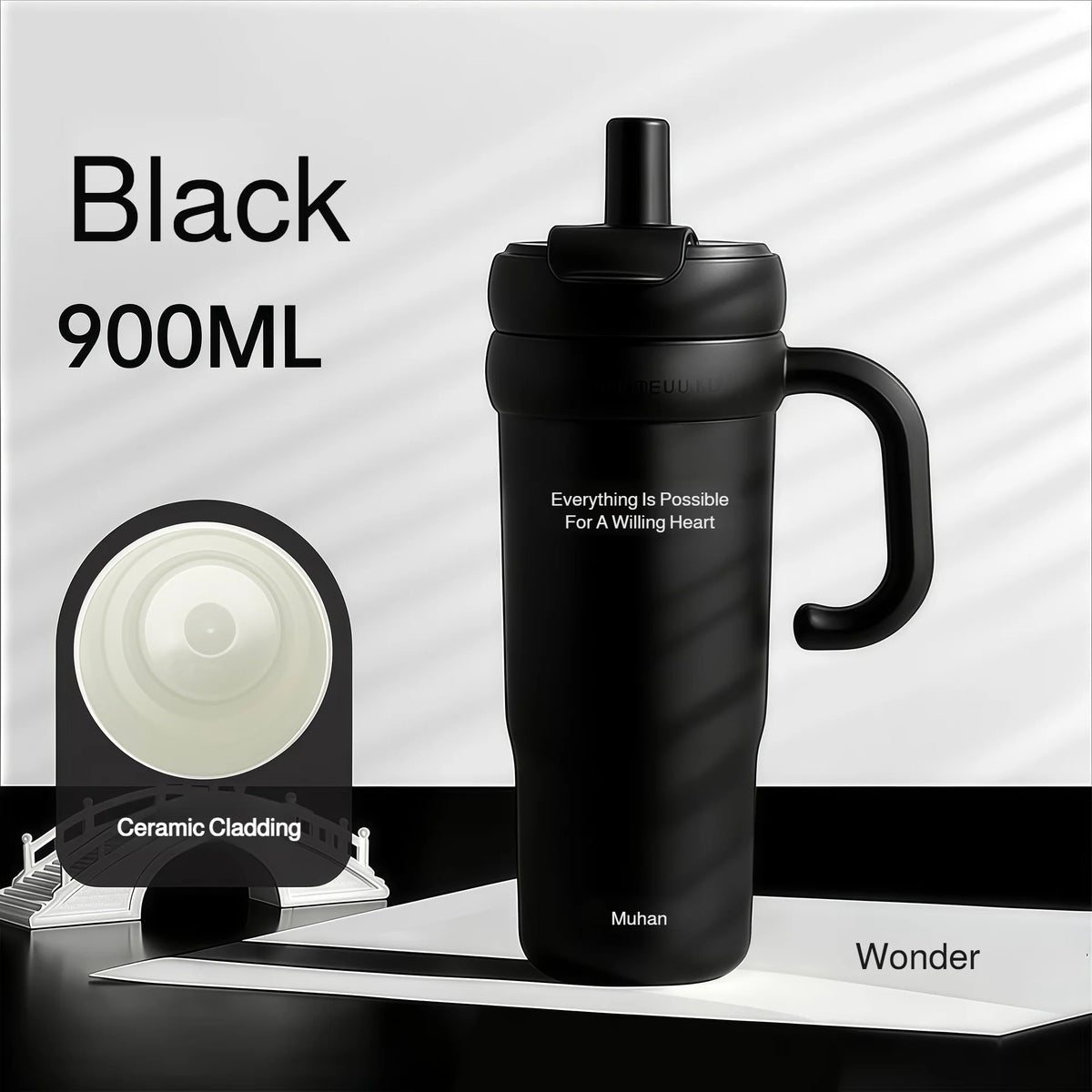 900ml Ceramic Interior Tumbler with Handle & Straw – 201 SS Shell, Dishwasher Safe, 24Hr Cold, Modern Minimalist, 3 Colors