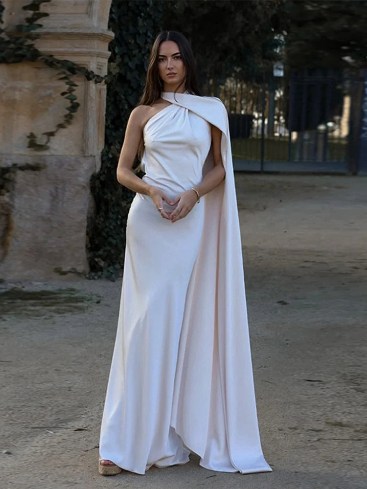 Sexy Satin Halter Backless Party Dress – Off Shoulder Sleeveless Solid Robe Gown 2026